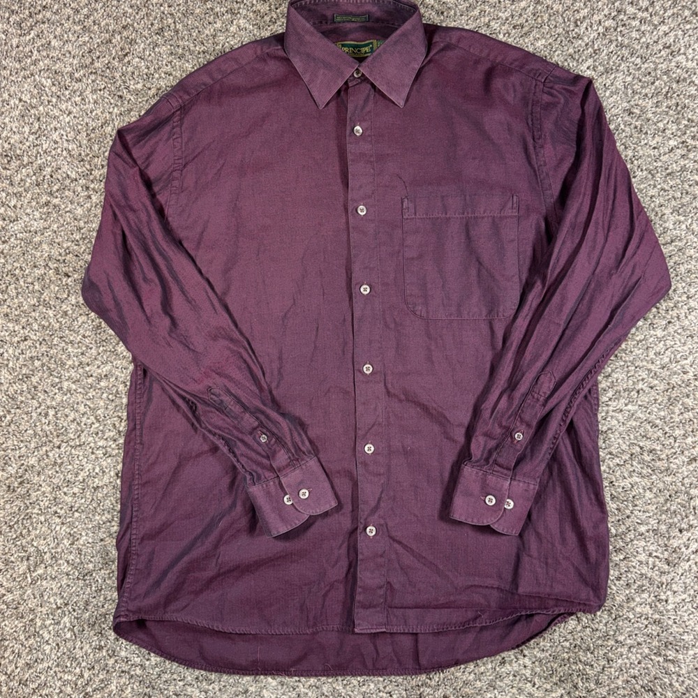 Vintage Principe Italy Mens 15.5 34/35 Purple Herringbone Cotton Button Up Shirt
